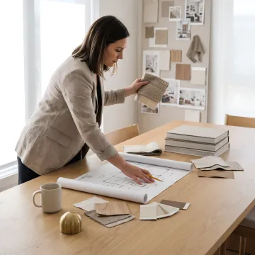 Interior design consultant reviewing architectural plans