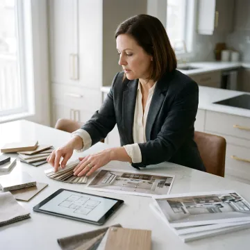 Designer reviewing remodeling plans and material samples