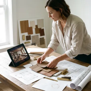 Designer reviewing rustic restaurant renderings