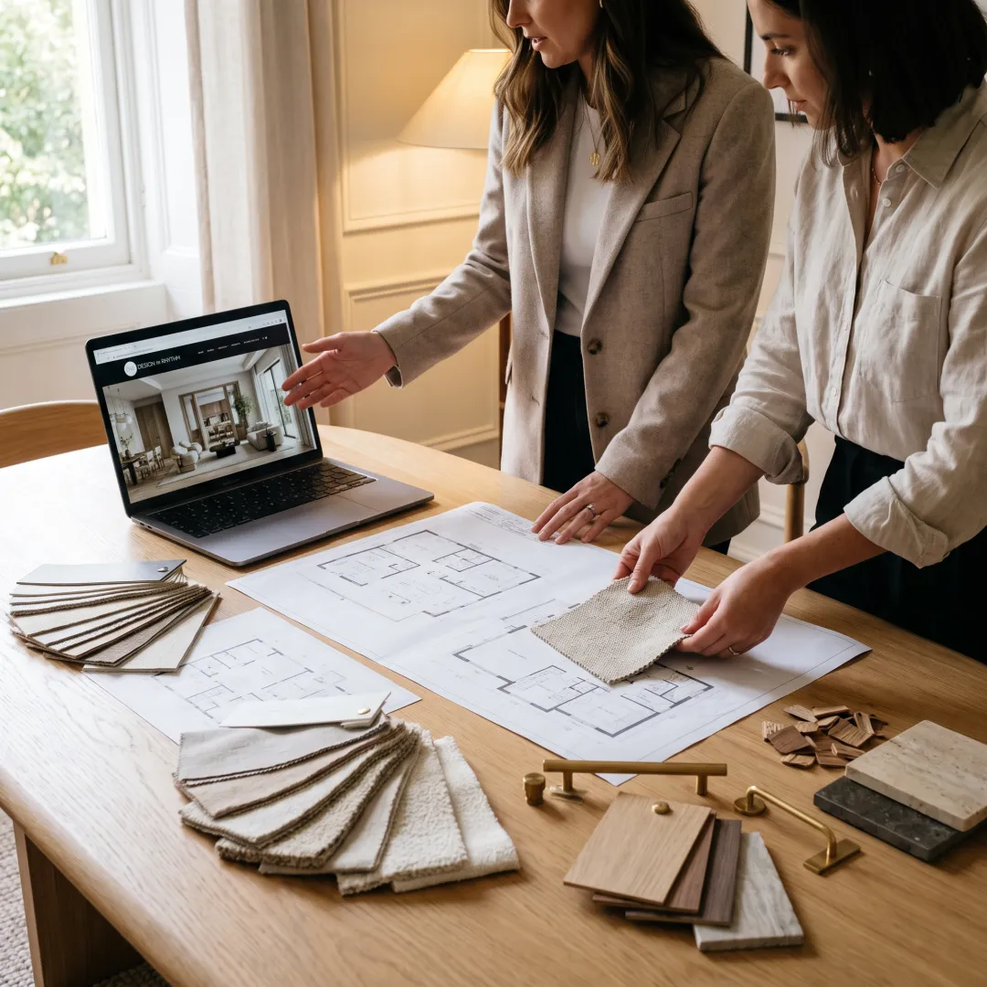 Design team reviewing renderings and material samples