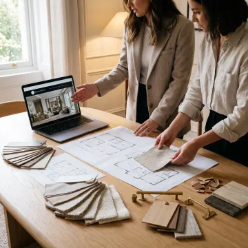 Design team reviewing renderings and material samples