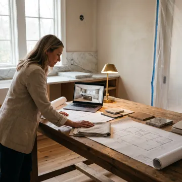 Designer reviewing renovation plans in a luxury home