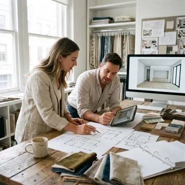 Design-build team reviewing interior plans