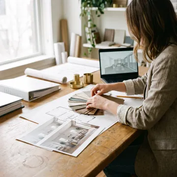 Designer reviewing modern house floor plans