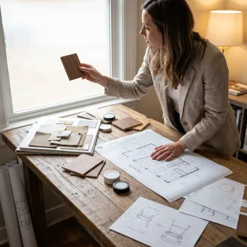 Designer reviewing wine bar plans and material samples