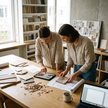 Design team reviewing renderings and furniture samples