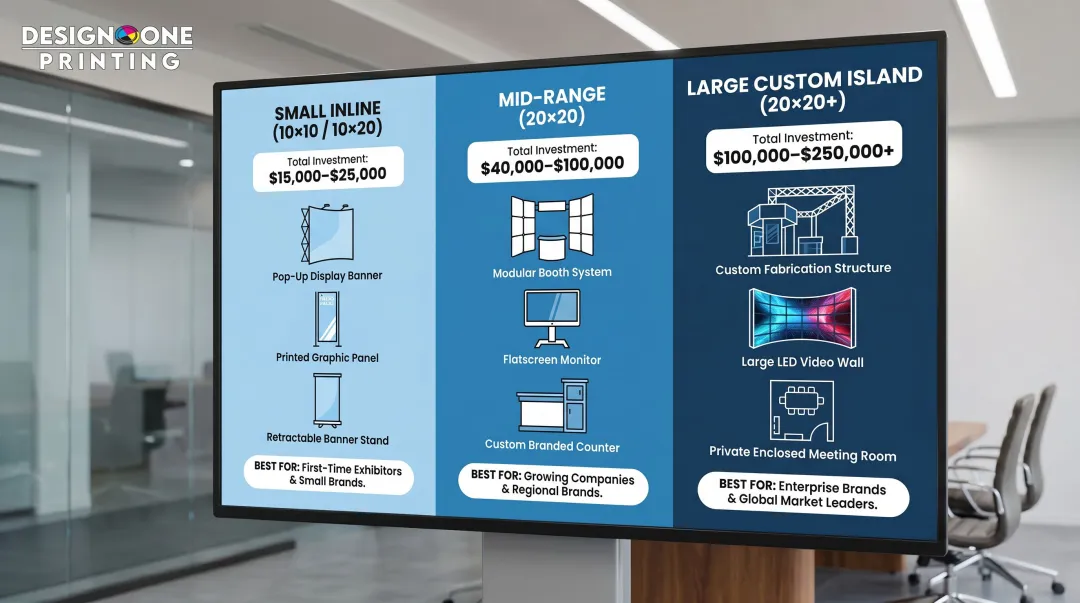 Three-tier Las Vegas trade show booth cost comparison small mid-range custom island