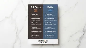 Soft touch versus matte business card feature comparison chart side-by-side