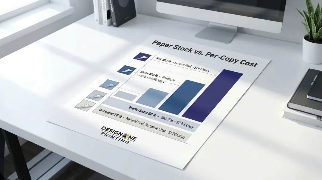 Magazine paper stock cost comparison from uncoated 70lb to 100lb silk finish