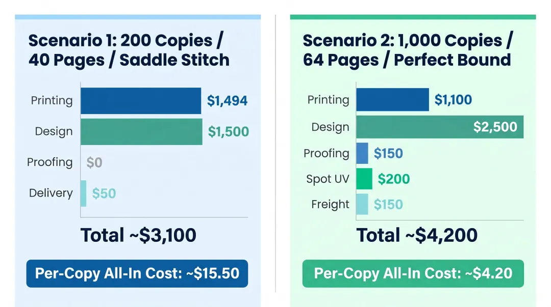 Two magazine print project total cost breakdowns comparing short run versus large run