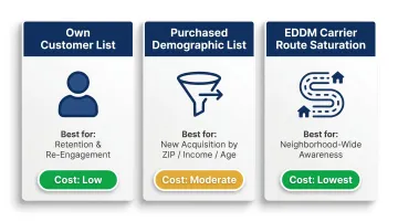 Three local business direct mail targeting methods comparison chart with cost levels