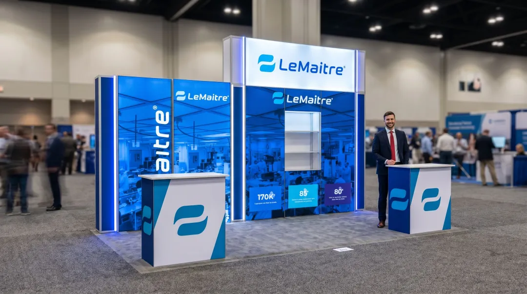 Modular trade show booth display with LED panels and branded custom exhibit structure