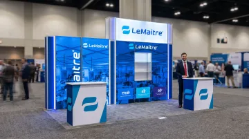 Modular trade show booth display with LED panels and branded custom exhibit structure