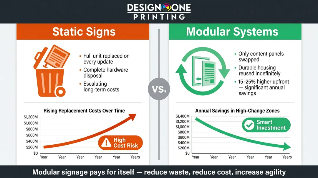 Modular versus static hotel signage system cost savings comparison infographic