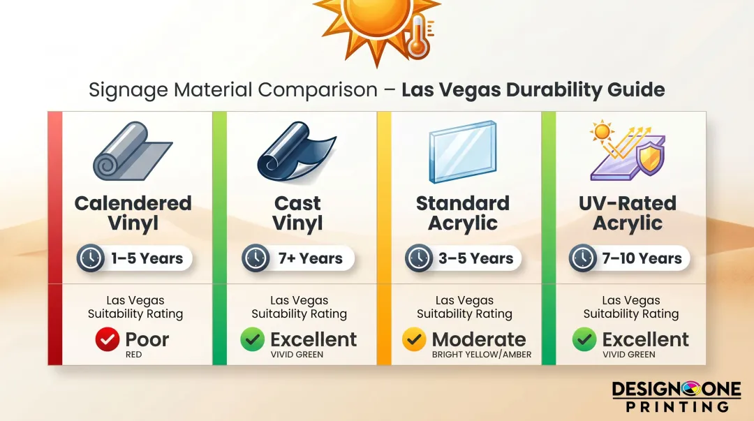 Hotel signage material durability comparison chart for Las Vegas outdoor conditions