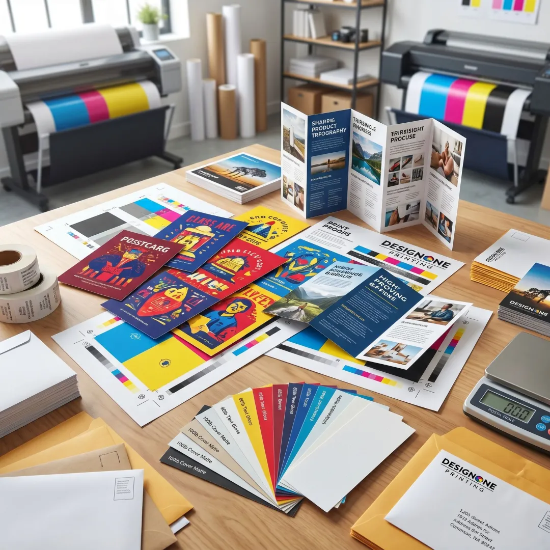 Printed direct mail pieces laid out for review