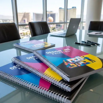 Custom printed training manuals on a conference table