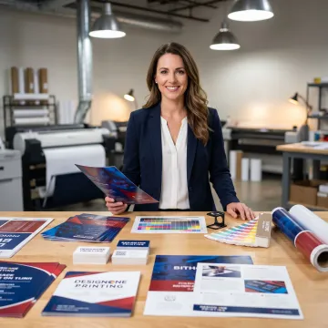 Designer reviewing print proofs and branded materials
