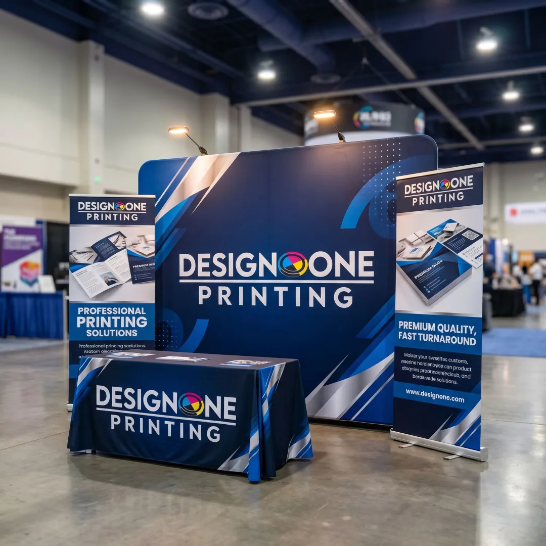 Printed trade show backdrop and banners ready for installation