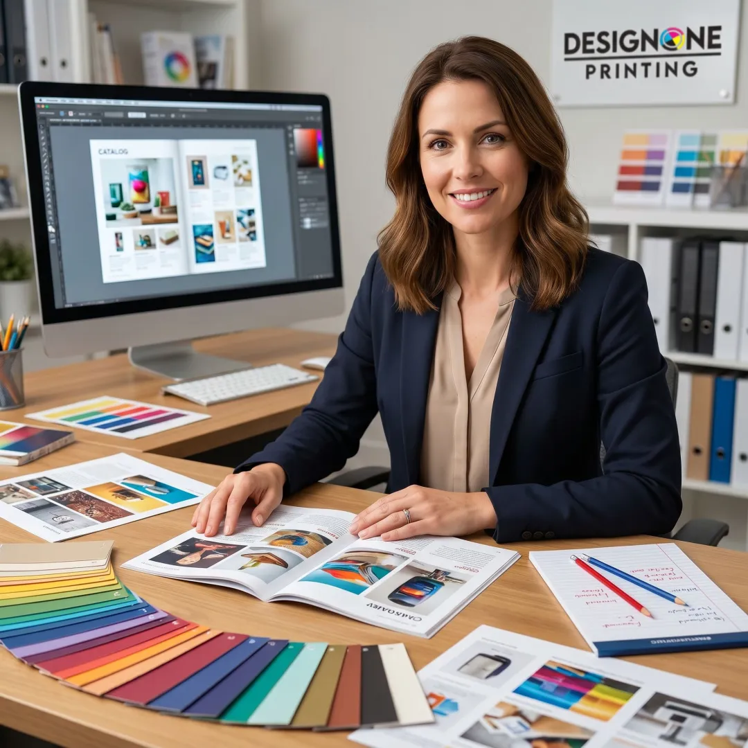 Designer reviewing printed catalog pages