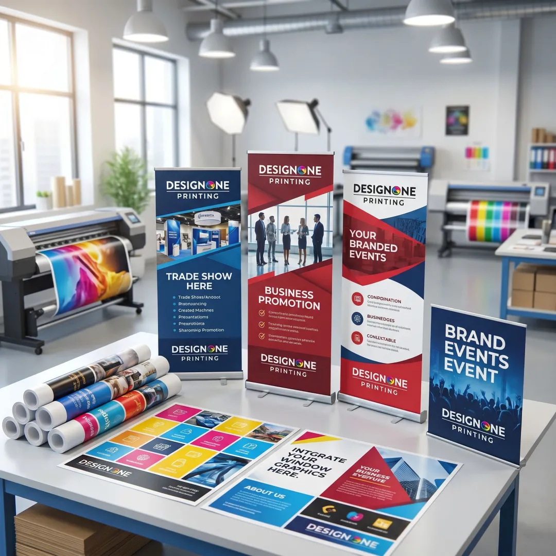 Printed event graphics and banners ready for installation