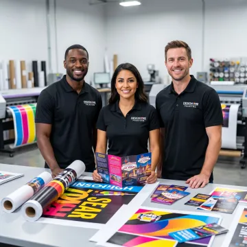 Graphic design and printing team preparing branded materials