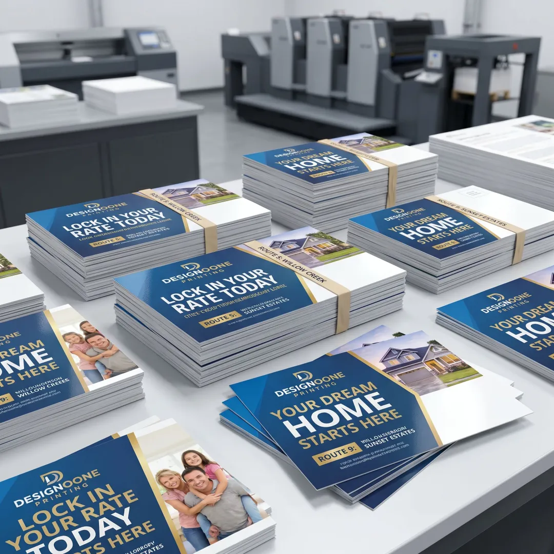 Printed mortgage postcards prepared for mailing