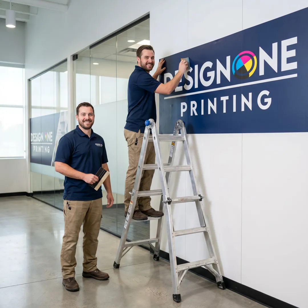 Team installing branded wall graphics