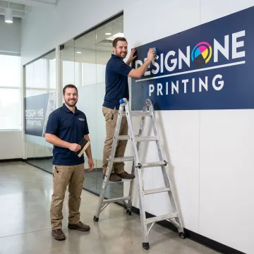 Team installing branded wall graphics