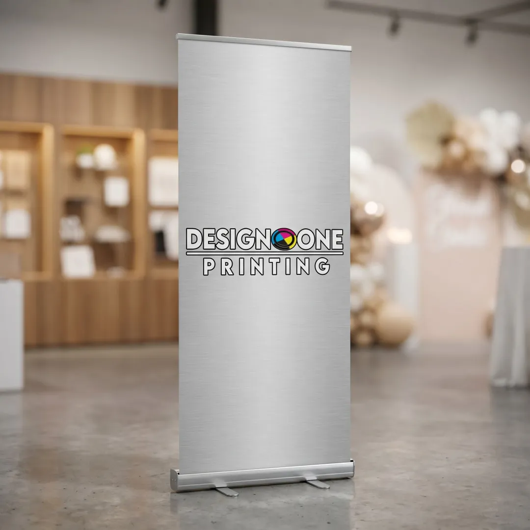 Printed retractable banner stand ready for event use