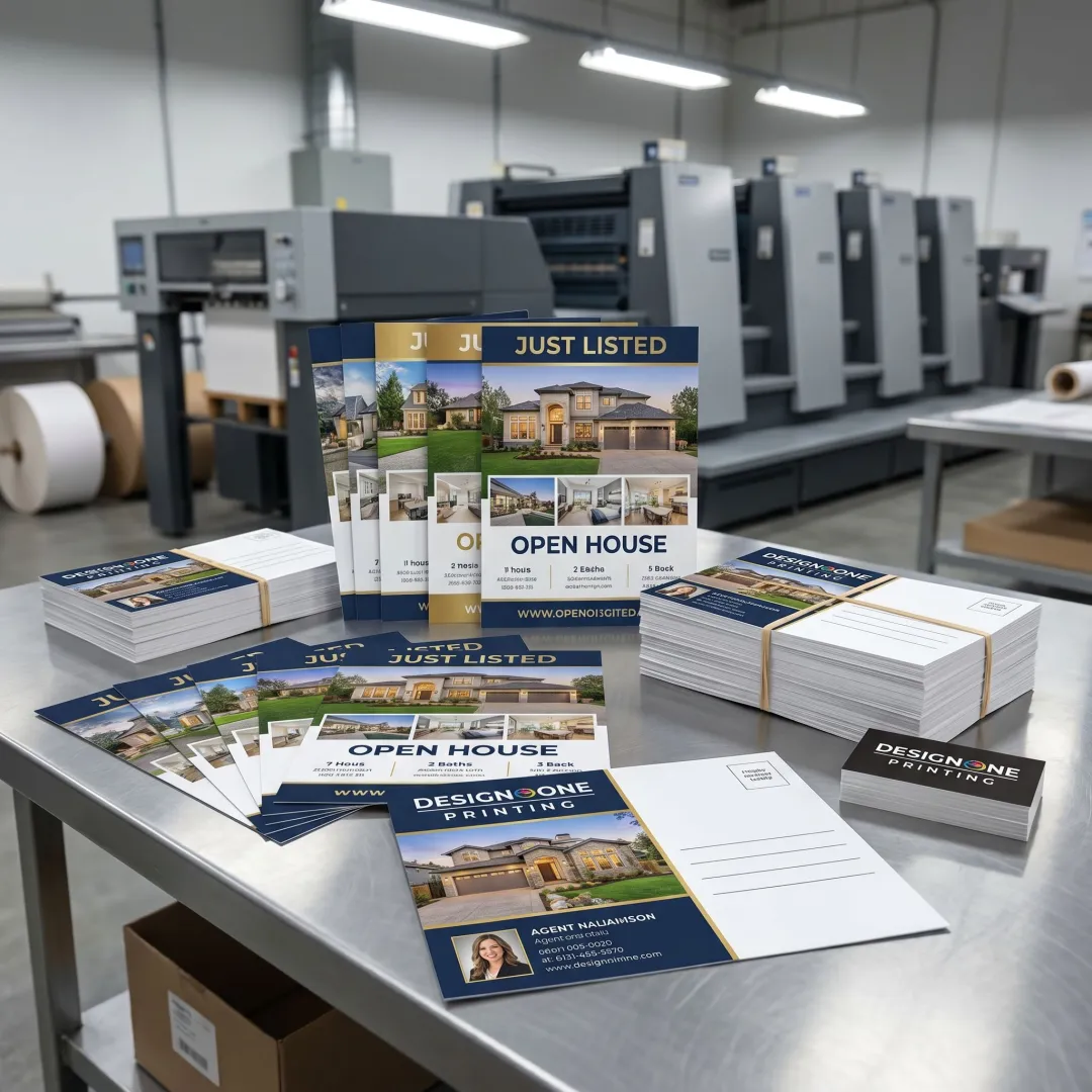 Printed real estate postcards and flyers ready for mailing