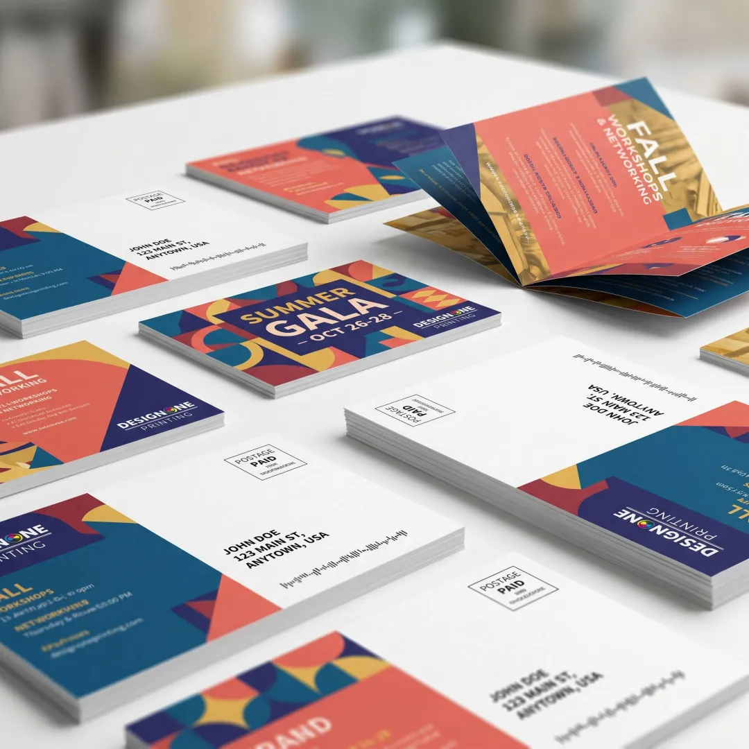 Printed postcards and flyers prepared for event direct mail