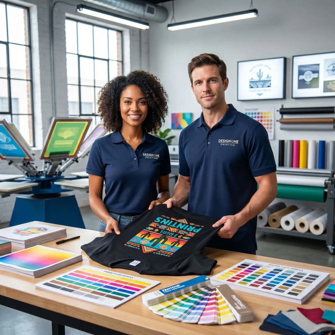 Team reviewing custom T-shirt print samples