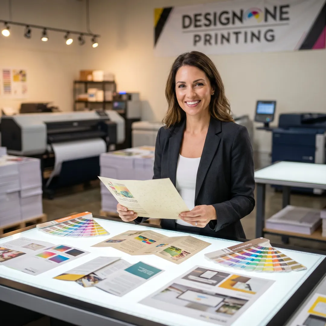 Designer reviewing eco-friendly brochure proofs