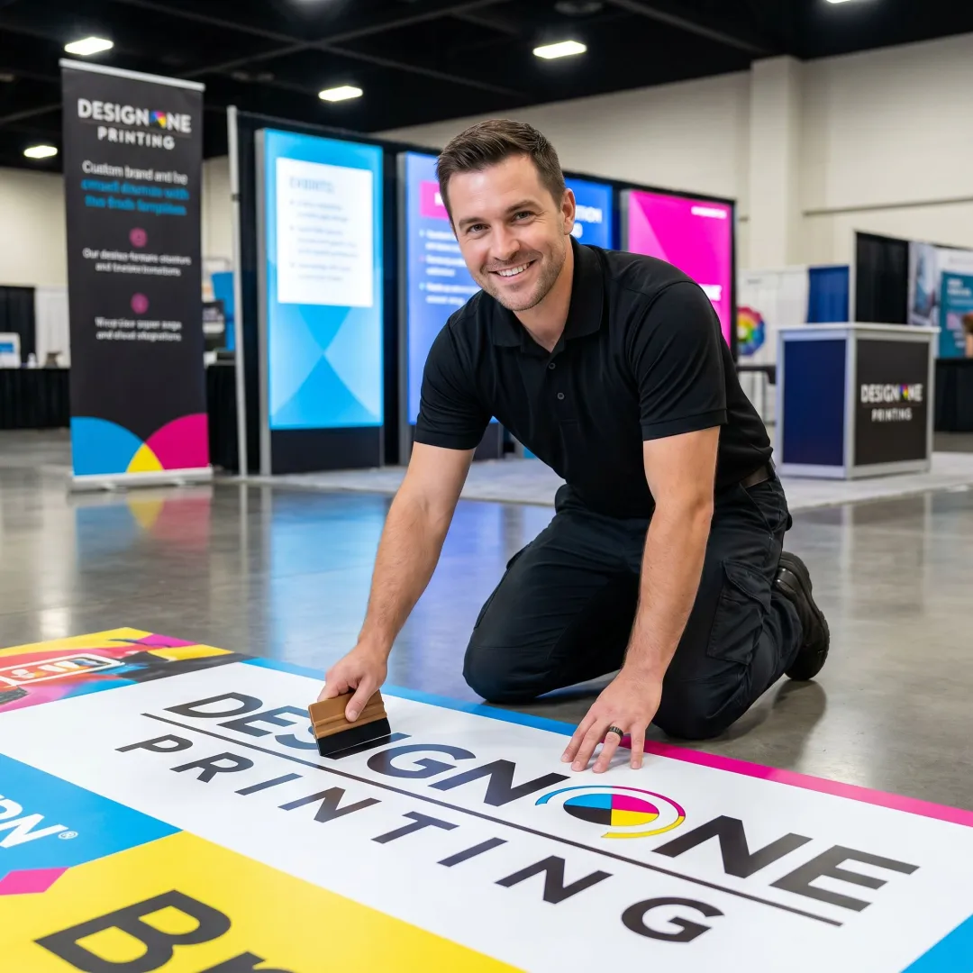 Printed floor decal being applied at a trade show booth