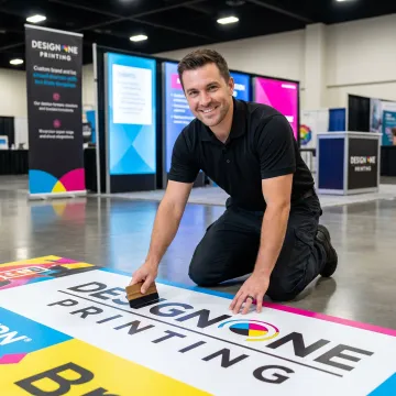 Printed floor decal being applied at a trade show booth