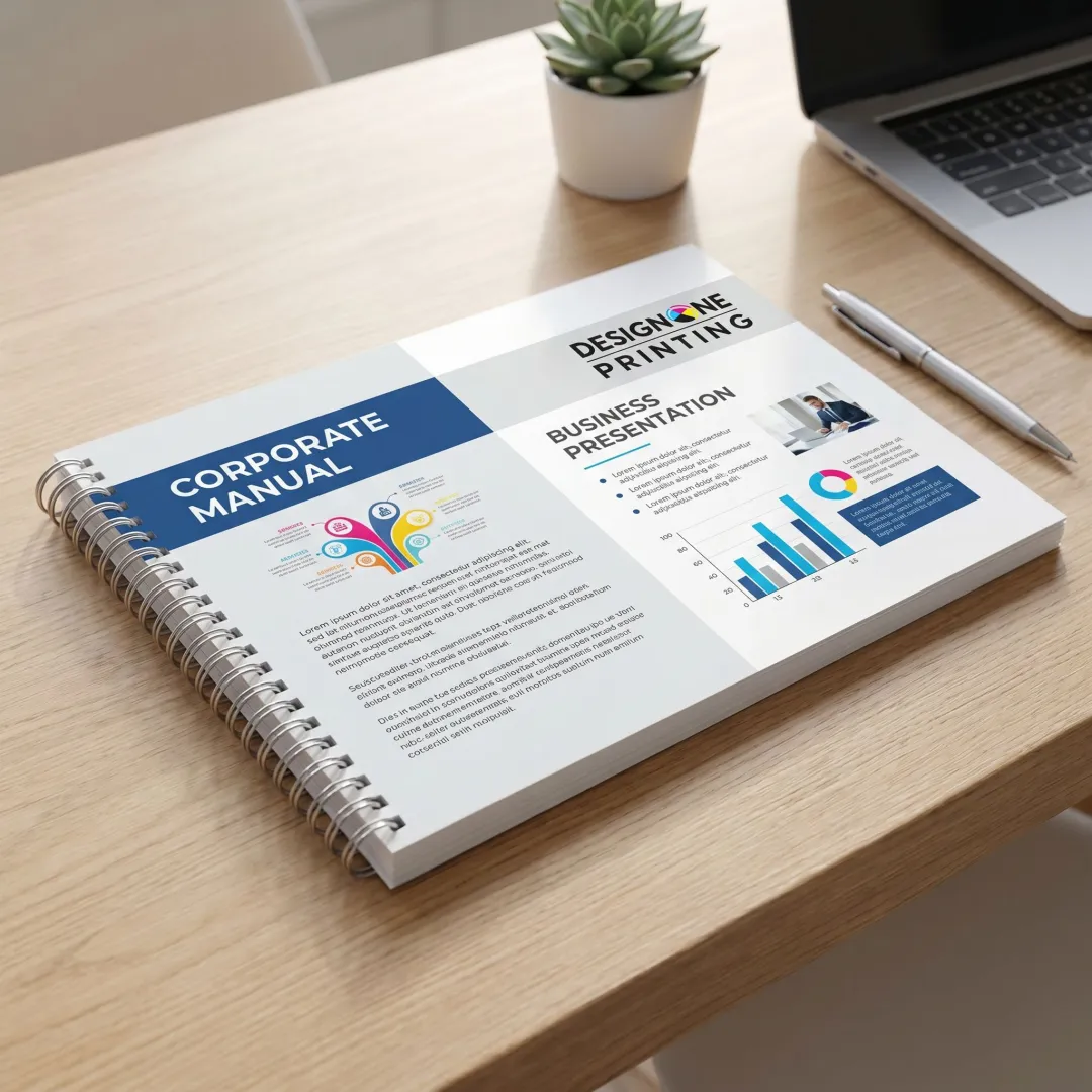 Printed coil bound booklet open on desk