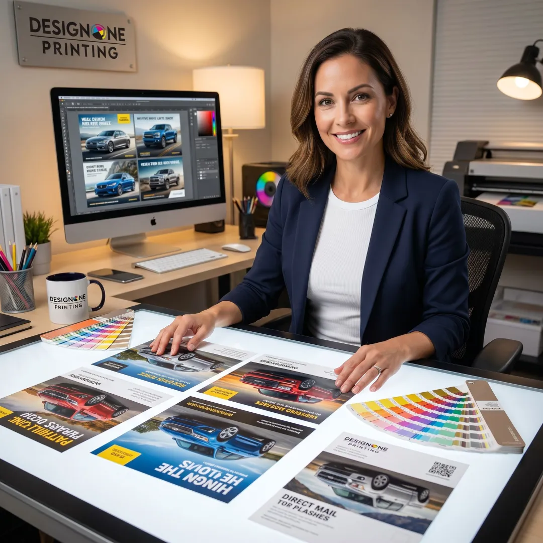 Designer reviewing automotive mailer proofs