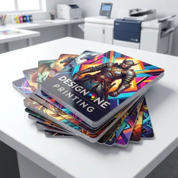 Custom printed trading cards displayed in a neat stack