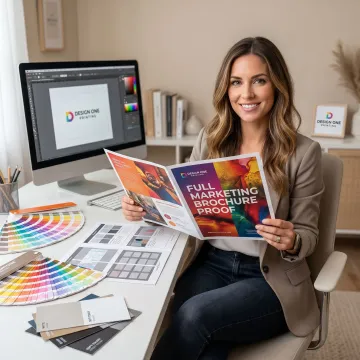 Designer reviewing a wide-format brochure proof