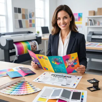 Designer reviewing a gate fold brochure proof