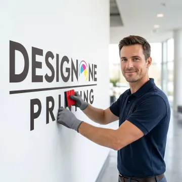 Technician applying large adhesive vinyl graphic to a wall