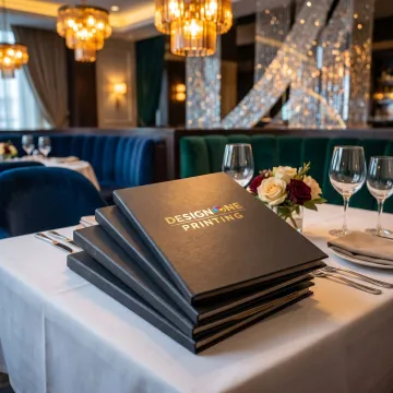 Custom printed restaurant menus on a dining table