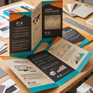 Eco-friendly brochure printing samples on a worktable