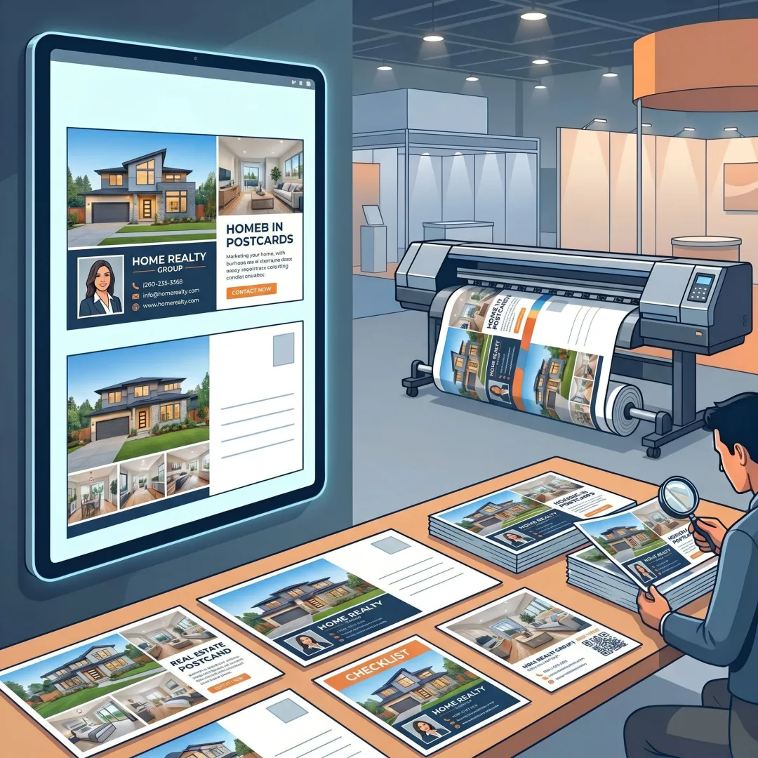 Designer reviewing real estate postcard proofs