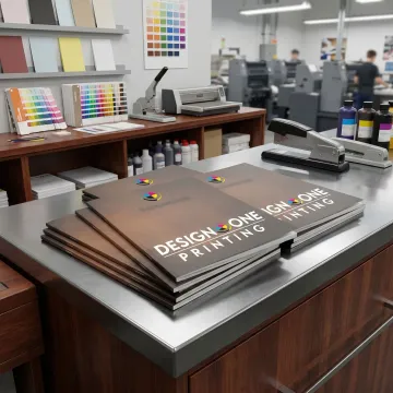 Same day booklet printing samples on a print shop counter