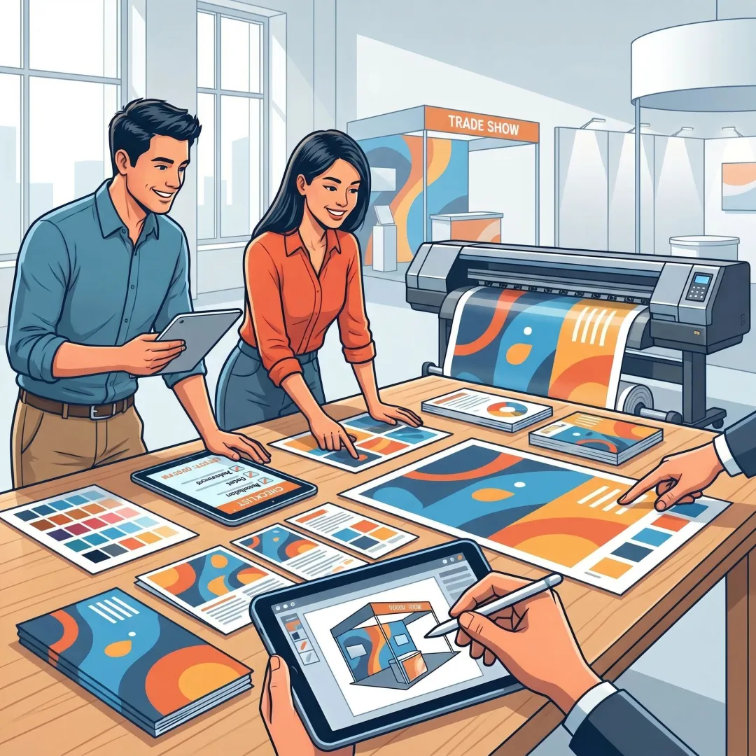 Team reviewing print-ready graphic design proofs