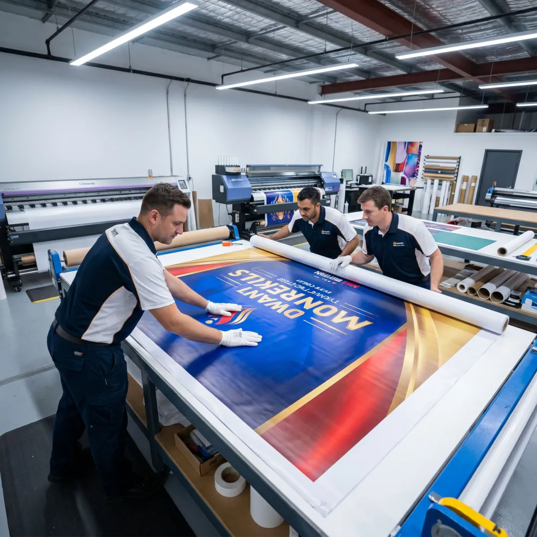 Printed branded backdrop being prepared for installation