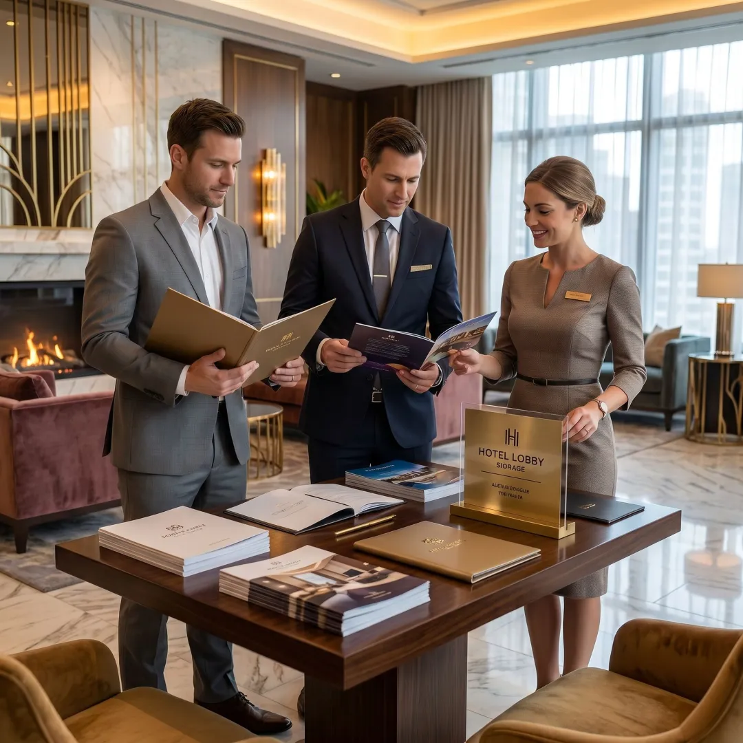 Hotel staff reviewing printed signage and brochures