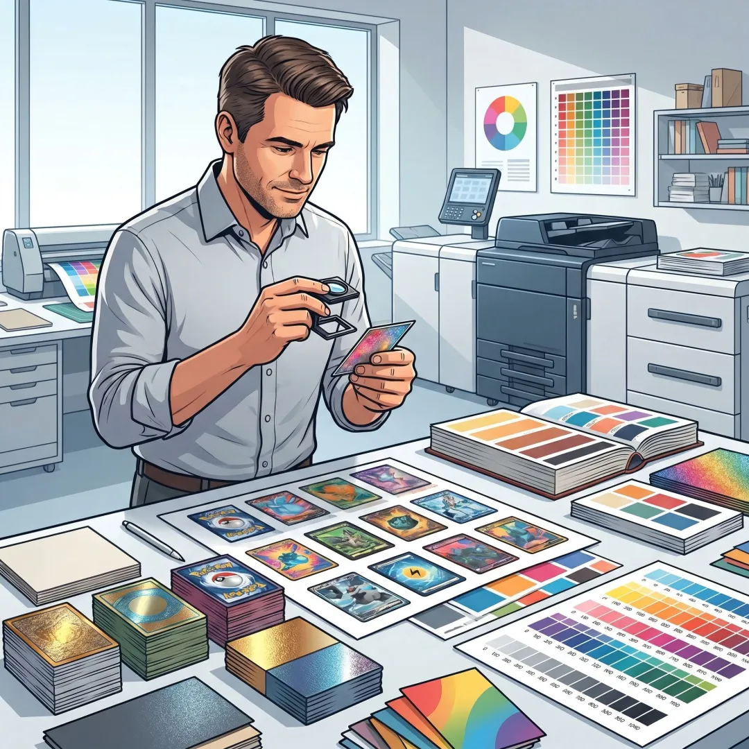 Designer reviewing custom trading card proofs before printing